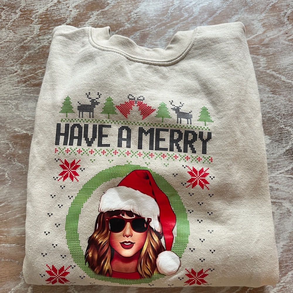 Taylor Swift Cream Holiday Sweater with Festive Design